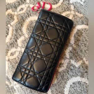 AUTHENTIC Christian Dior Cannage Lady Dior Charm Leather Wallet Black & Pink